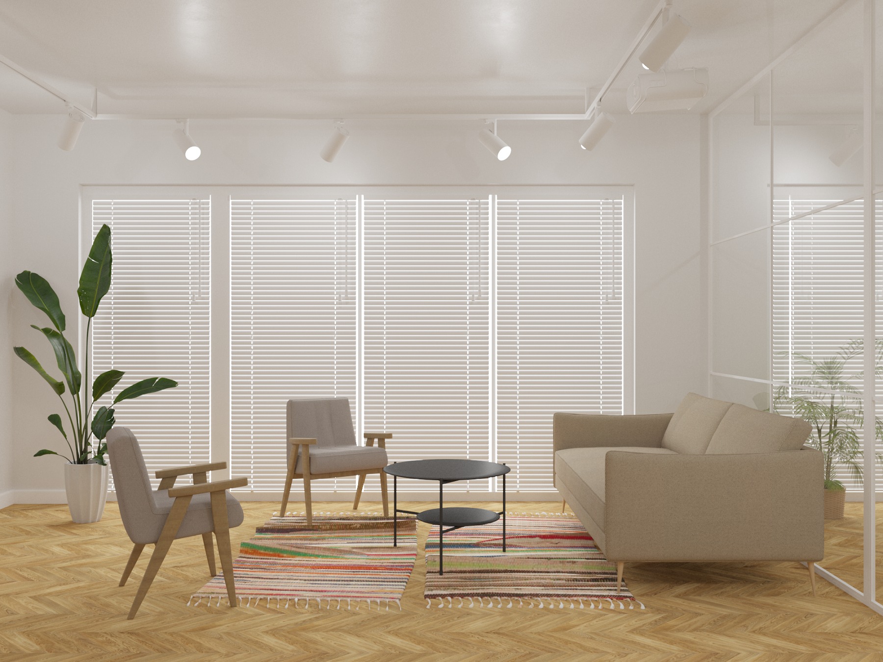 Jasne wnętrze pokoju dziennego z parkietem, beżową sofą, dwoma fotelami, okrągłym stolikiem na dwóch poziomach i kolorowym dywanem w paski, oświetlone reflektorami sufitowymi.