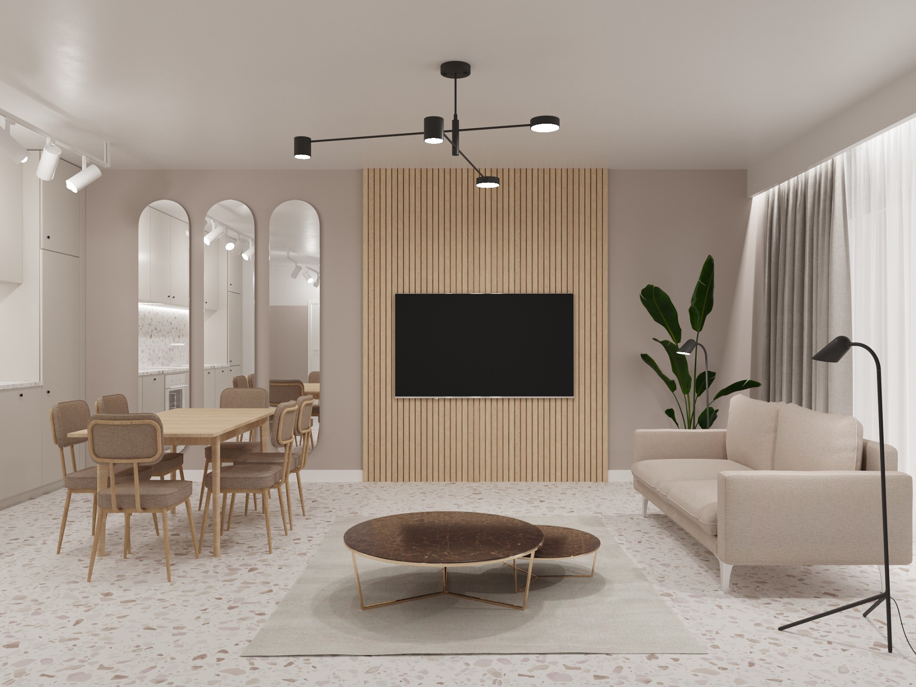 Nowoczesny salon z drewnianą ścianą, telewizorem, beżową sofą, okrągłymi stolikami kawowymi, stołem jadalnym z krzesłami i lustrami w kształcie łuków, oświetlony designerską lampą sufitową.