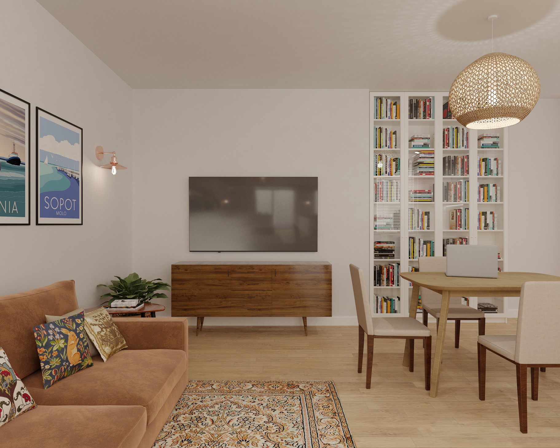 Wizualizacja salonu z brązową sofą, dywanem w orientalne wzory, drewnianą komodą pod telewizorem i regałem z książkami, oświetlonym plecioną lampą wiszącą.