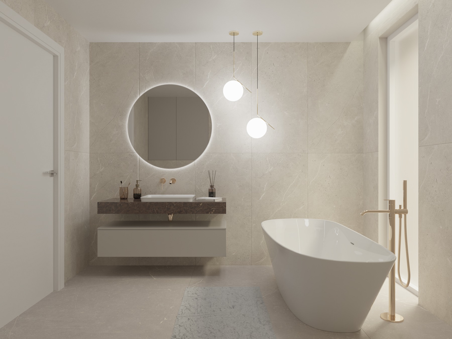 Minimalistyczna łazienka w beżowych odcieniach z okrągłym podświetlanym lustrem, wiszącą szafką z umywalką, wolnostojącą wanną i złotą armaturą oraz dekoracyjnymi lampami wiszącymi.