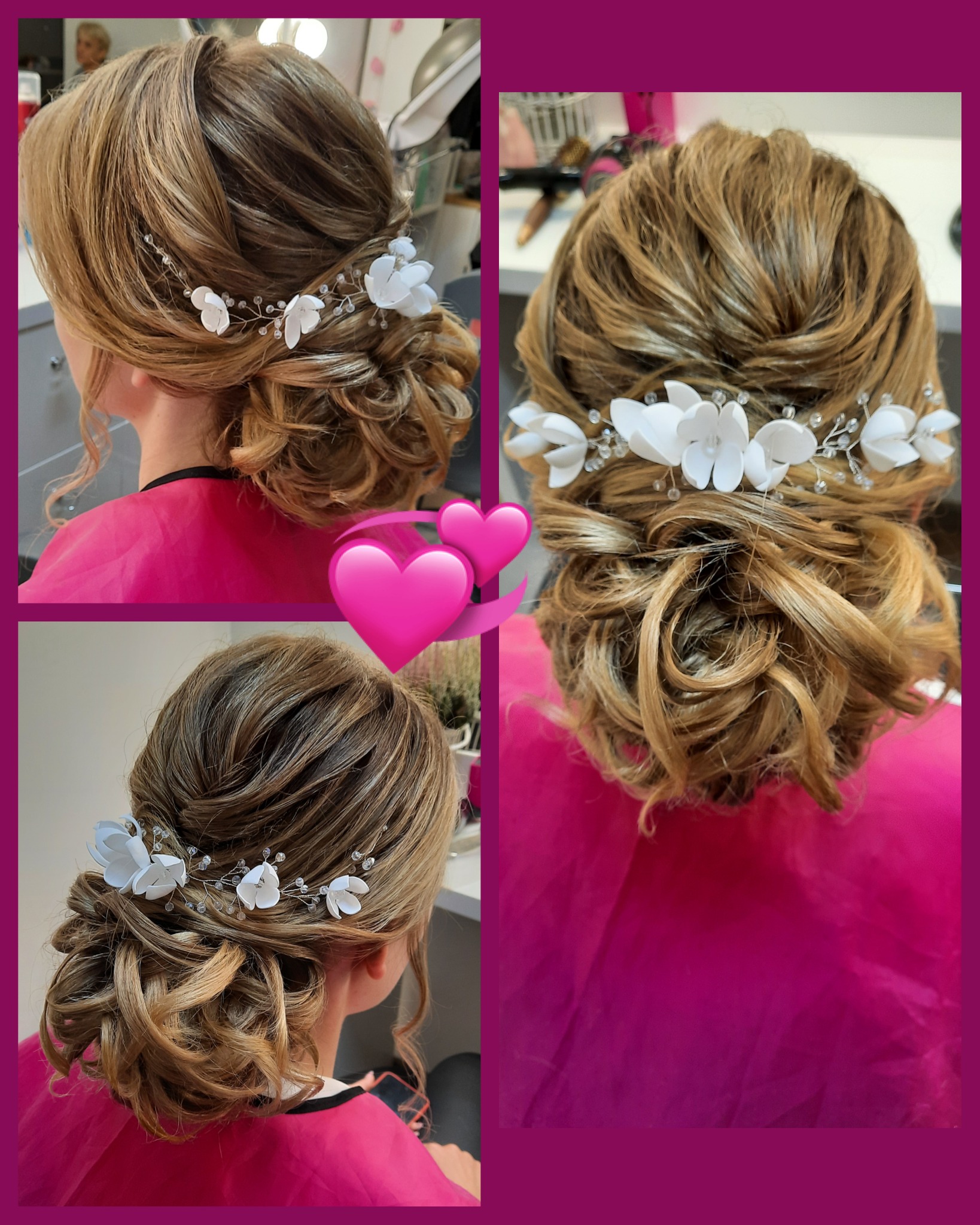 Upięcie ślubne z blond włosów z ozdobną spinką z białymi kwiatami, widoczne z trzech perspektyw.