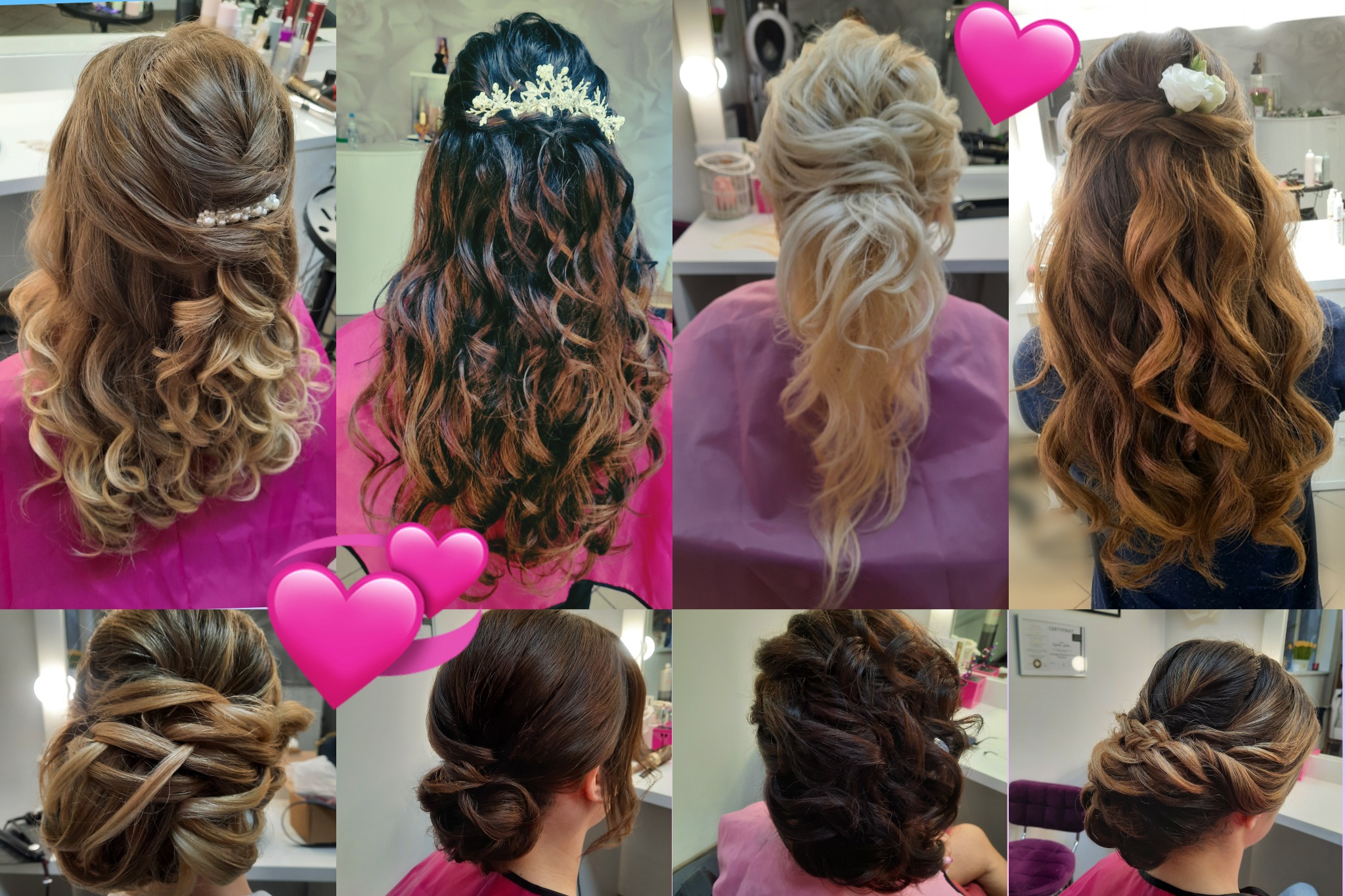 Kolaż ośmiu zdjęć przedstawiających różne upięcia włosów, w tym fale, loki, koki i upięcia z ozdobami, prezentowane z tyłu głowy modelek, w większości na tle salonu lub z różowym okryciem.