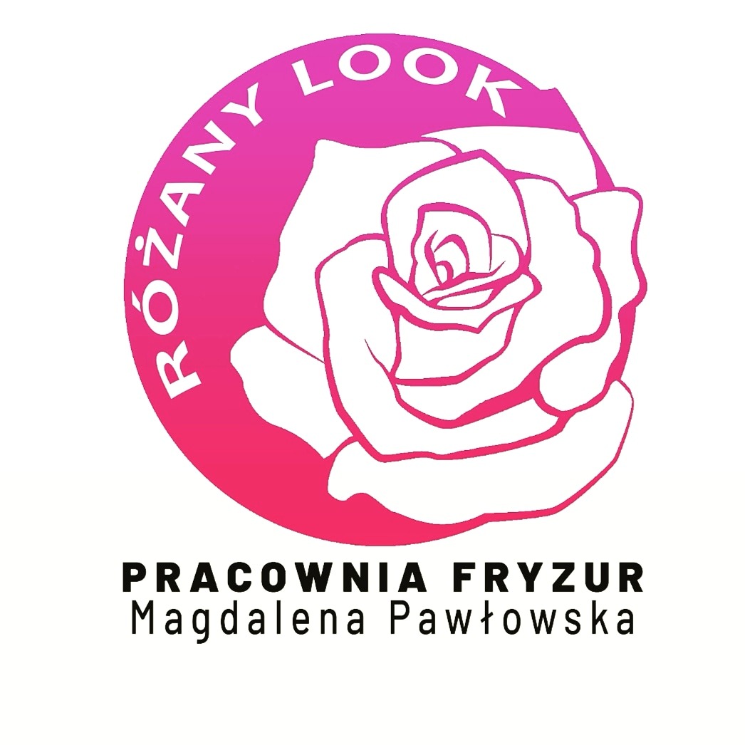 Logo pracowni fryzur 'Różany Look' Magdaleny Pawłowskiej z różową różą w okręgu.