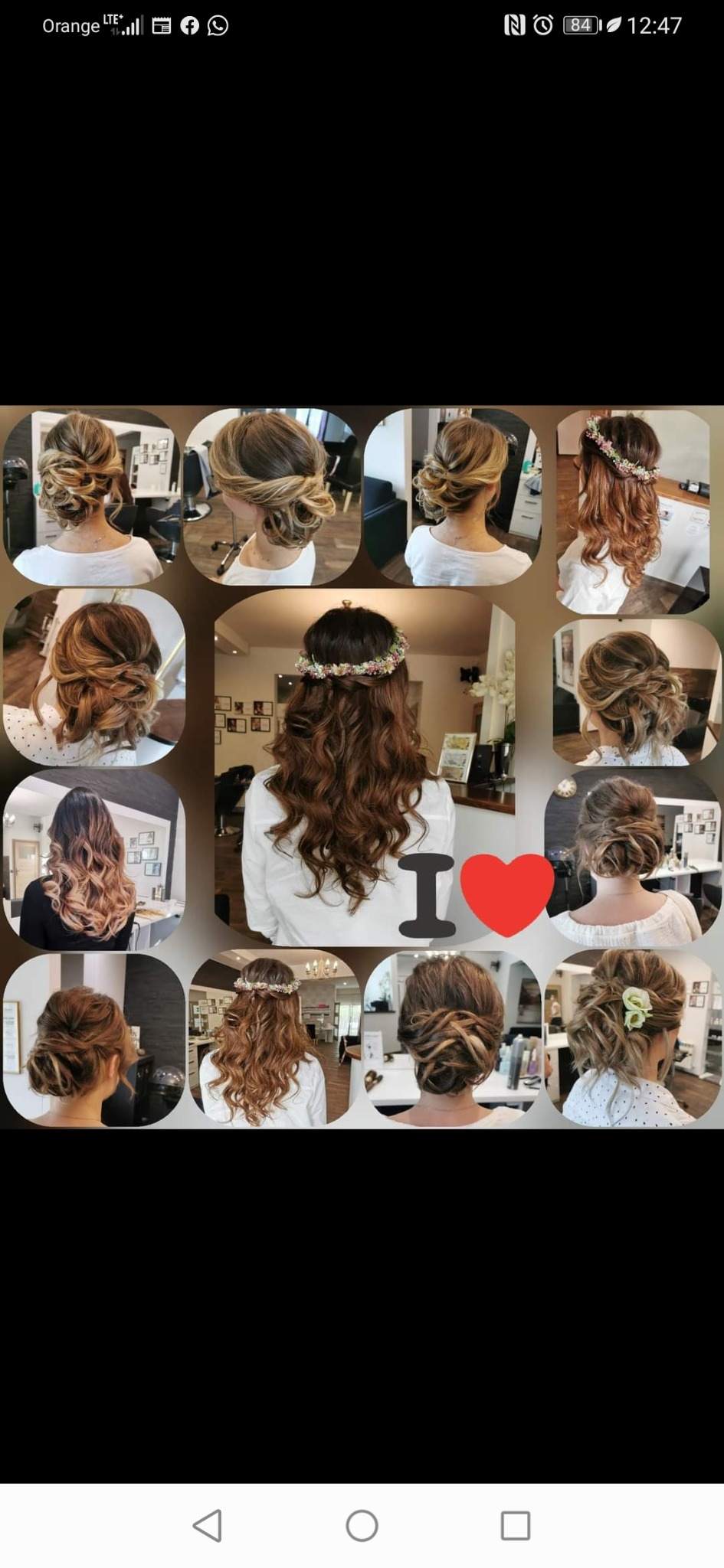 Kolaż prezentujący różne upięcia włosów z tyłu głowy, w tym koki, fale i warkocze, część z ozdobami kwiatowymi, wykonane w salonie.