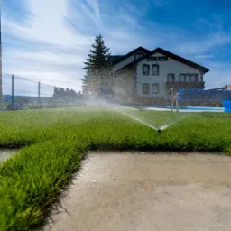 Automatyczny system nawadniania trawnika w ogrodzie z widokiem na dom i basen w słoneczny dzień.
