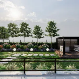 Wizualizacja ogrodu z nowoczesną pergolą, oświetlonymi rabatami kwiatowymi i ścieżką z płyt.