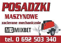 Reklama firmy Mixbet oferującej posadzki maszynowe zacierane mechanicznie, z numerem telefonu 692 503 340. Na grafice widoczna maszyna do posadzek na przyczepie.