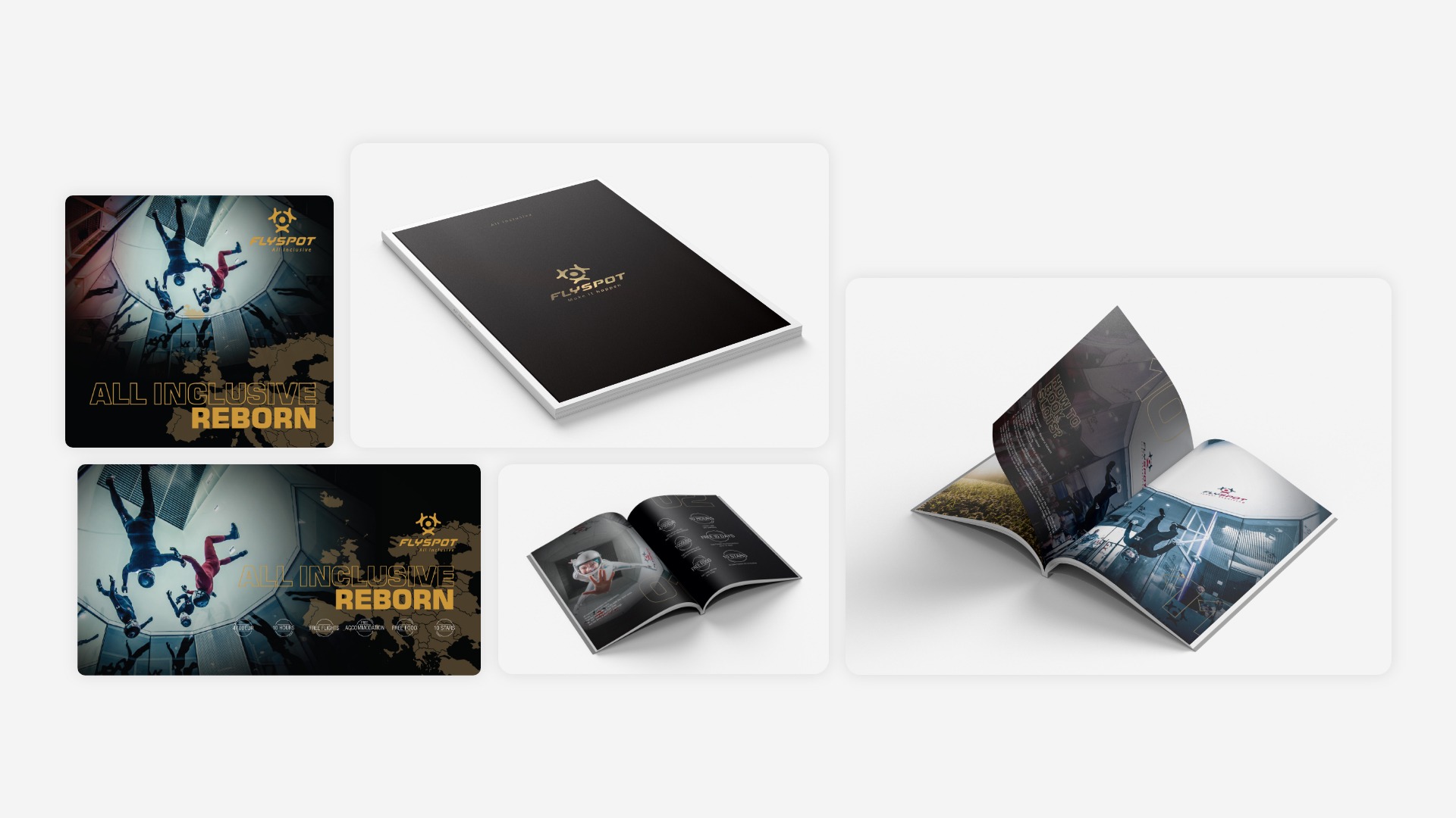 Zestaw materiałów reklamowych Flyspot: zamknięty katalog, rozłożony katalog z widocznymi grafikami i tekstem, oraz karta reklamowa z grafiką przedstawiającą osoby w tunelu aerodynamicznym i hasłem...