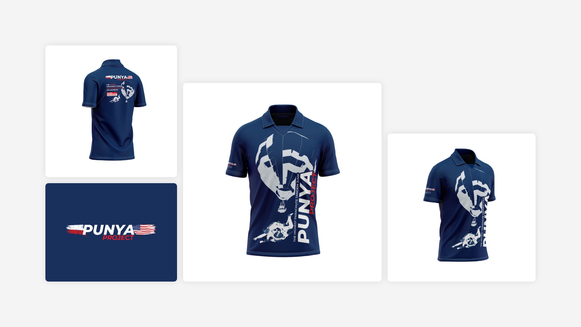 Projekt koszulki polo w kolorze granatowym z nadrukiem balonu i logotypu 'Punya Project', prezentowany w trzech ujęciach oraz zbliżenie samego logotypu.