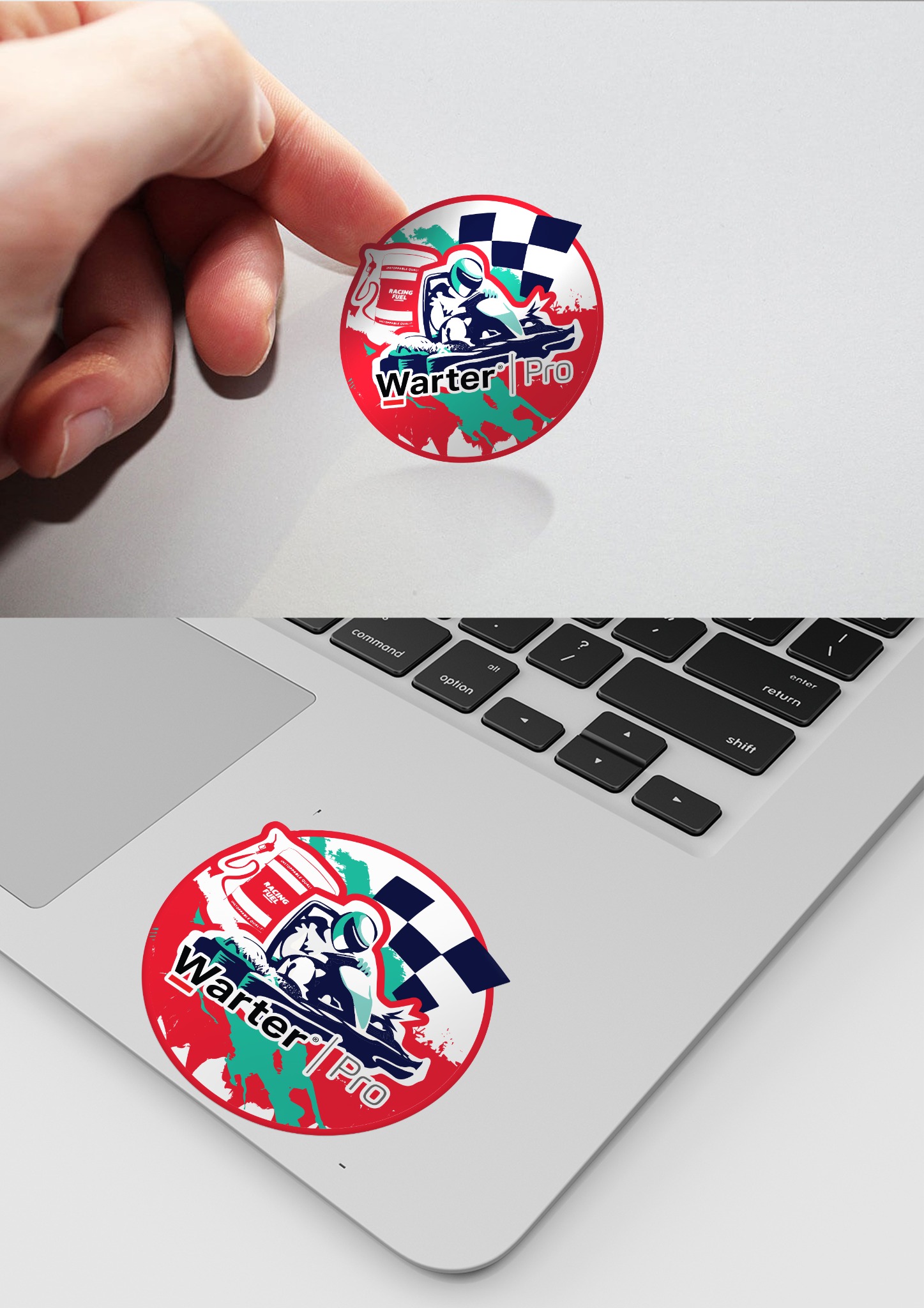 Naklejka z logotypem 'Warter Pro' przedstawiającym kierowcę gokarta i motyw flagi szachownicy, umieszczona na laptopie oraz trzymana w palcach.