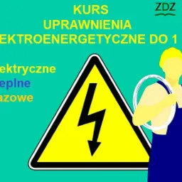 Grafika wektorowa przedstawiająca kurs na uprawnienia elektroenergetyczne do 1 kV, z symbolem ostrzegawczym wysokiego napięcia, sylwetką elektryka w hełmie i kombinezonie oraz informacjami...