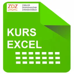 Grafika wektorowa przedstawiająca zieloną kartkę z zagiętym rogiem, na której widnieje napis 'KURS EXCEL' oraz symbol arkusza kalkulacyjnego, a w górnej części logo ZDZ.