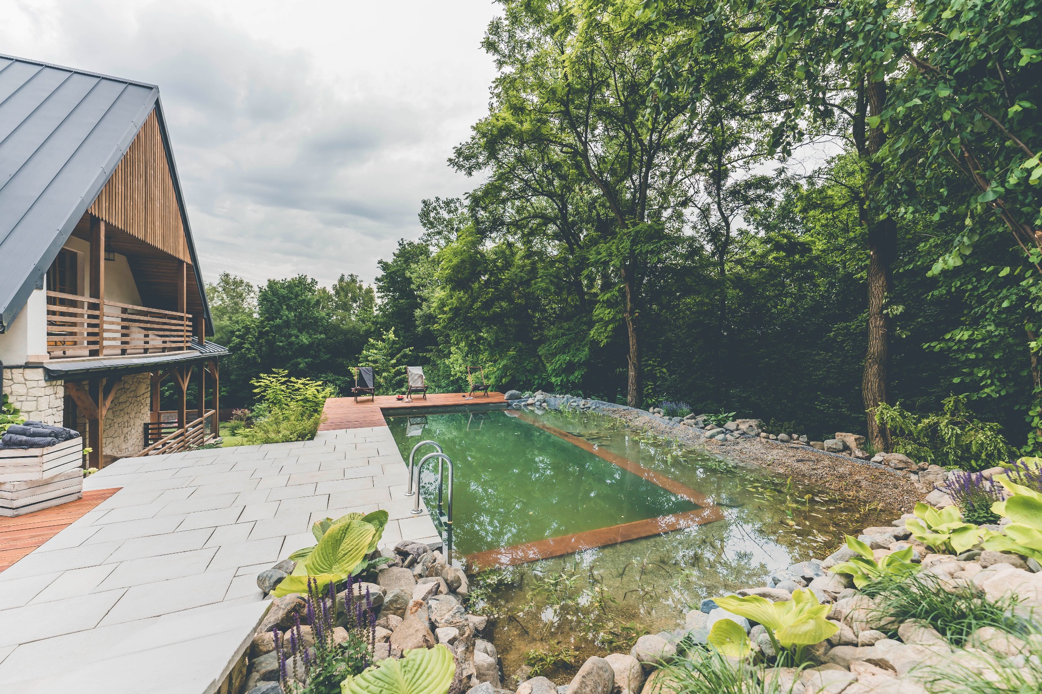 Naturalny basen w ogrodzie z roślinami wodnymi i kamieniami, widok z perspektywy tarasu domu z drewnianą elewacją.