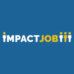 Logo firmy ImpactJob z białym napisem IMPACT i żółtym JOB oraz stylizowanymi ikonami ludzi na niebieskim tle.