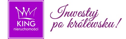 Logo firmy KING nieruchomości z koroną w fioletowym kwadracie i hasłem 'Inwestuj po królewsku!' pisanym ozdobną czcionką.