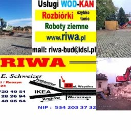 Kompozycja kolażu zdjęć z usługami firmy budowlanej RIWA, obejmująca prace ziemne wykonywane przez koparki, rozbiórki budynków, adres firmy i dane kontaktowe.