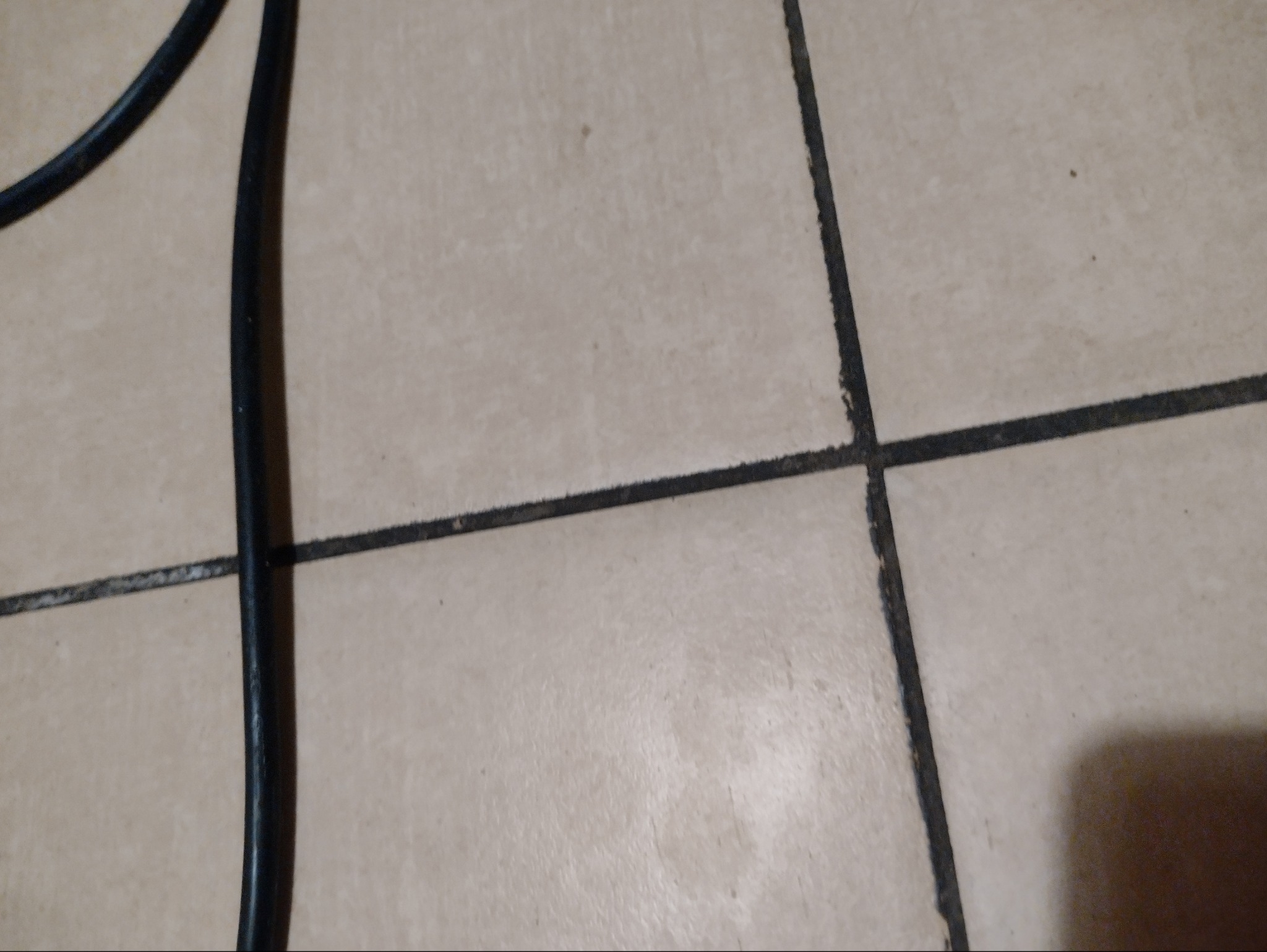 Beżowe płytki podłogowe z ciemnymi fugami, widoczny fragment czarnego kabla. Zabrudzenia w fugach.