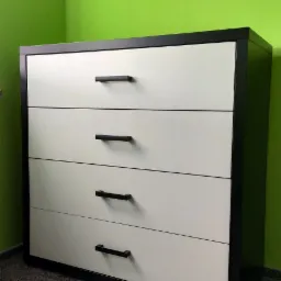 Czteroszuflowa komoda z białymi frontami i czarną ramą, ustawiona na szarym dywanie na tle jaskrawozielonej ściany.