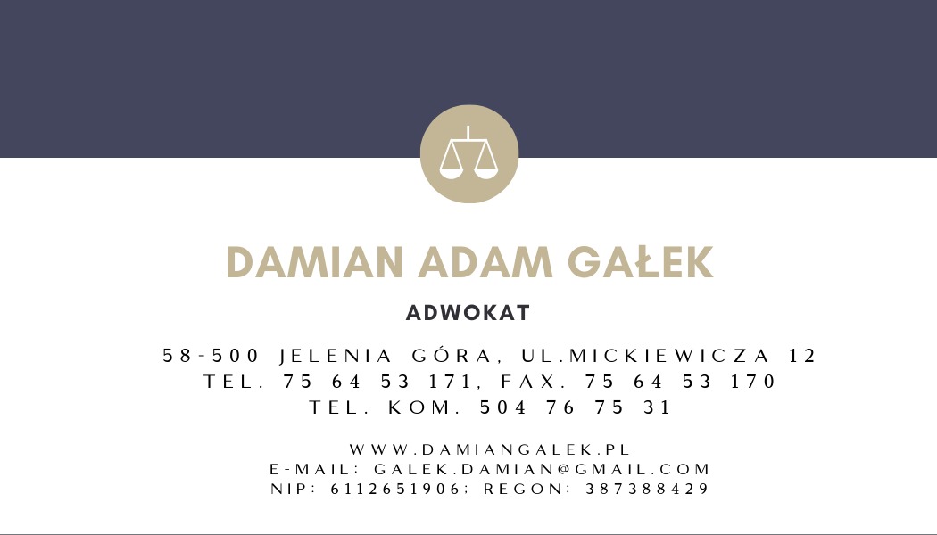Wizytówka z imieniem i nazwiskiem adwokata Damiana Adama Gałka, adresem kancelarii w Jeleniej Górze, numerami telefonów, adresem strony internetowej i adresem e-mail, uzupełniona o logo z wagą.