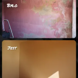 Porównanie stanu ściany przed i po malowaniu: na górze ściana z odpadającą farbą i resztkami starej powłoki, na dole gładka ściana pomalowana na jednolity, ciepły odcień beżu.