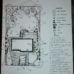 Ręcznie rysowany plan zagospodarowania ogrodu z legendą i listą roślin, zawierający oznaczenia drzew liściastych, trawników, tarasu, podjazdu, altany i domu.