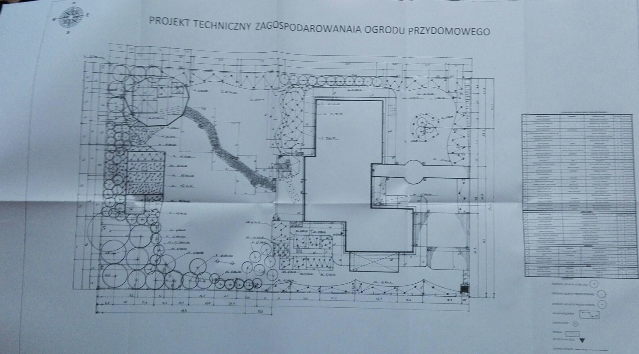 Techniczny plan zagospodarowania ogrodu przydomowego, widok z góry, z zaznaczonymi elementami roślinności, ścieżek i budynku mieszkalnego.