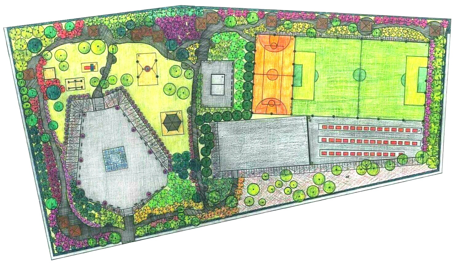 Kolorowy plan zagospodarowania terenu z boiskami sportowymi, placem zabaw i zadaszoną sceną, otoczony zielenią i rabatami kwiatowymi, widok z góry.