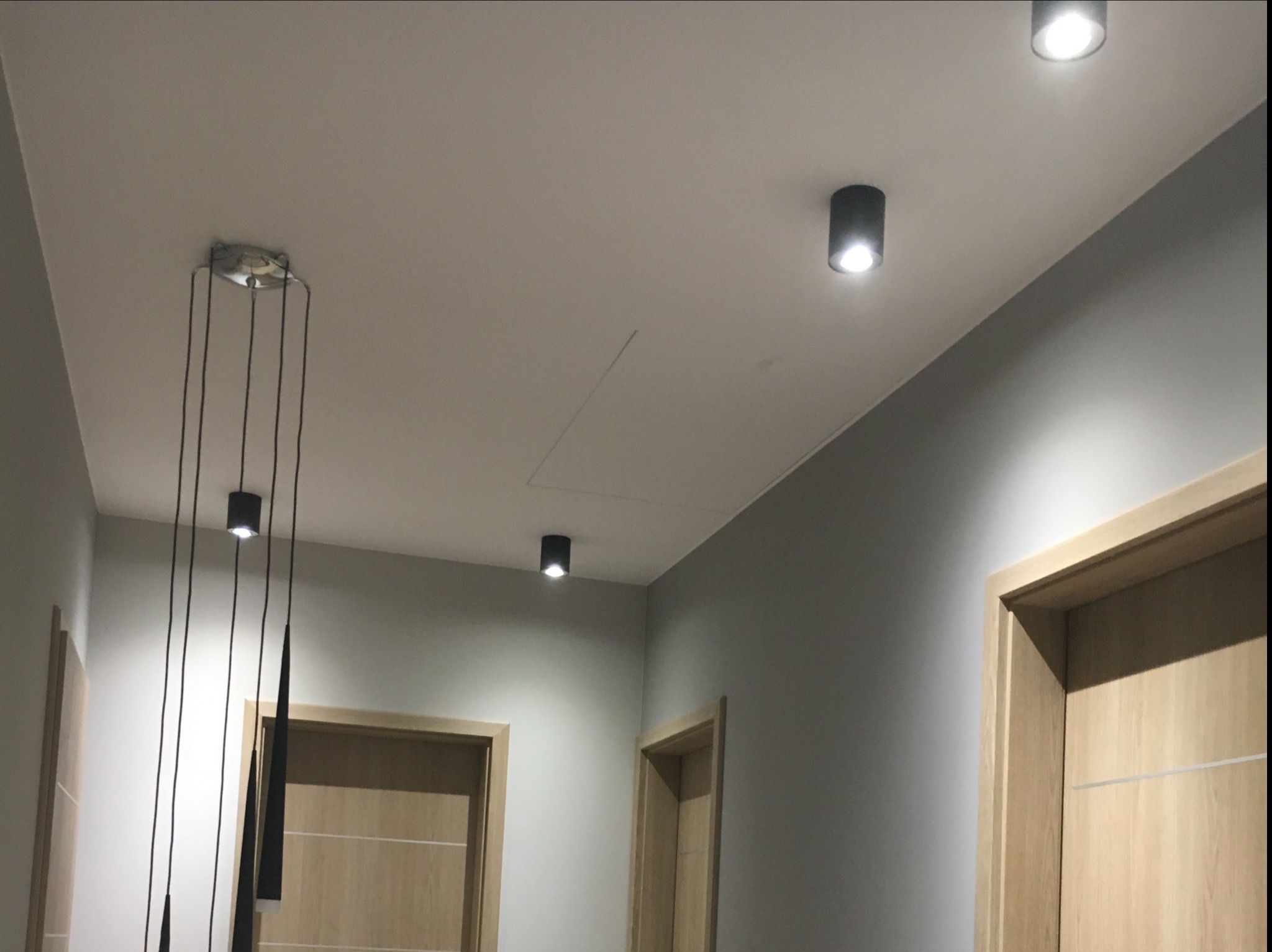 Nowoczesne oświetlenie sufitowe: czarne reflektory punktowe i lampa wisząca z długimi przewodami, jasne ściany i drewniane drzwi w korytarzu.