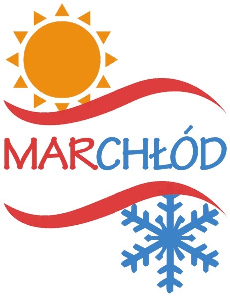 Grafika z napisem 'MARCHŁÓD', stylizowanym słońcem, czerwoną falą i niebieską śnieżynką na białym tle.