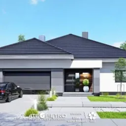 Wizualizacja projektu nowoczesnego domu jednorodzinnego w Zamościu z płaskim dachem, garażem w bryle i eleganckim zagospodarowaniem terenu przed wejściem.