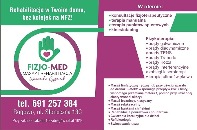Grafika reklamowa gabinetu fizjoterapii i masażu FIZJO-MED z Rogowa, oferującego szeroki zakres usług, w tym konsultacje fizjoterapeutyczne, terapię manualną, masaże i fizykoterapię. Na grafice...