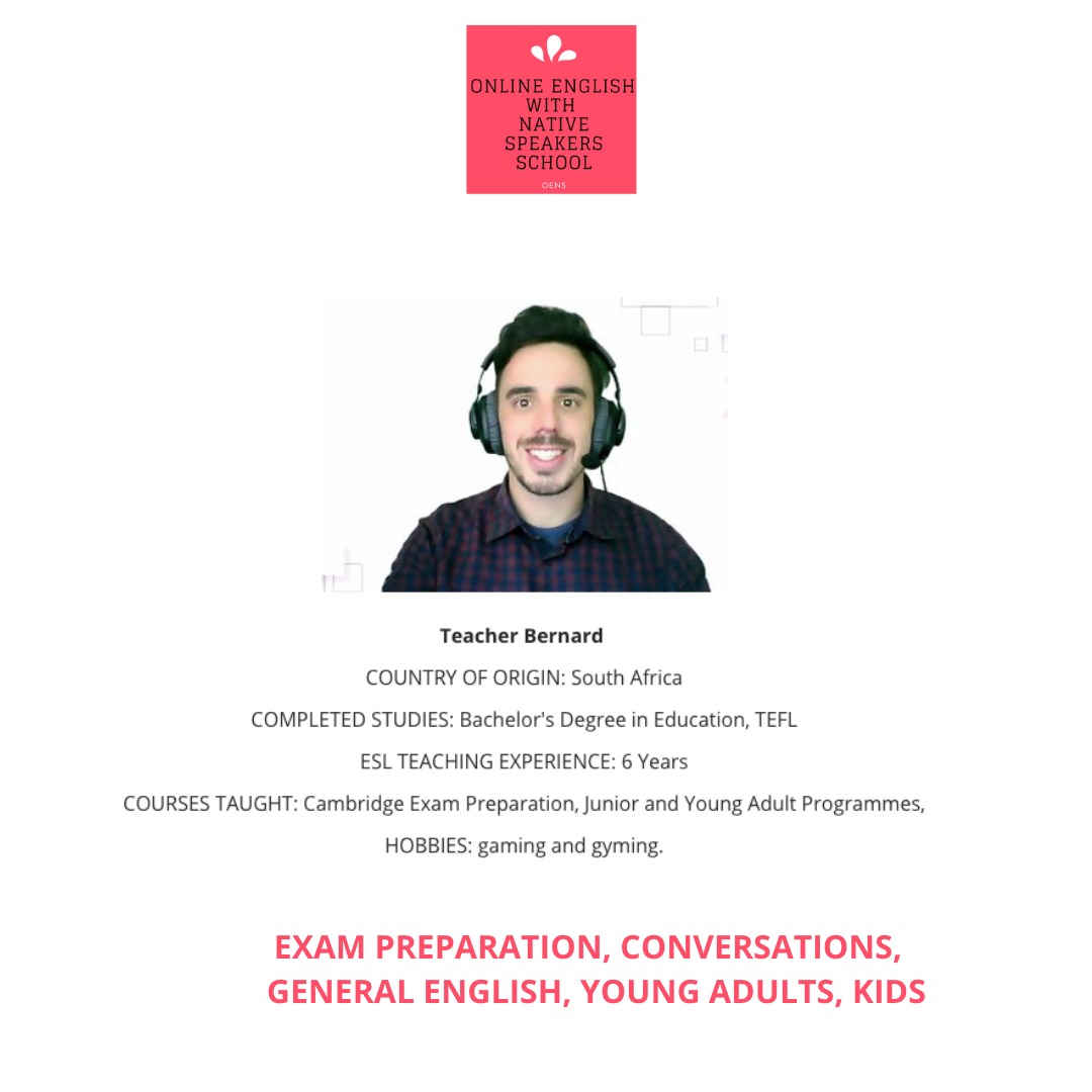 Profil nauczyciela angielskiego Bernarda z informacjami o kraju pochodzenia, wykształceniu, doświadczeniu i oferowanych kursach, widoczny nauczyciel w słuchawkach.