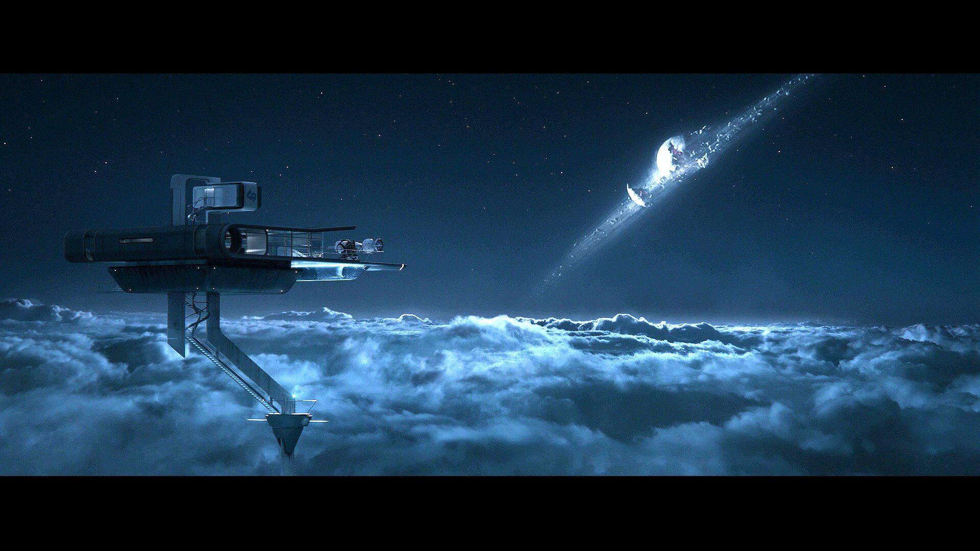 Futurystyczna instalacja na chmurach oświetlona blaskiem księżyca, widok z daleka.