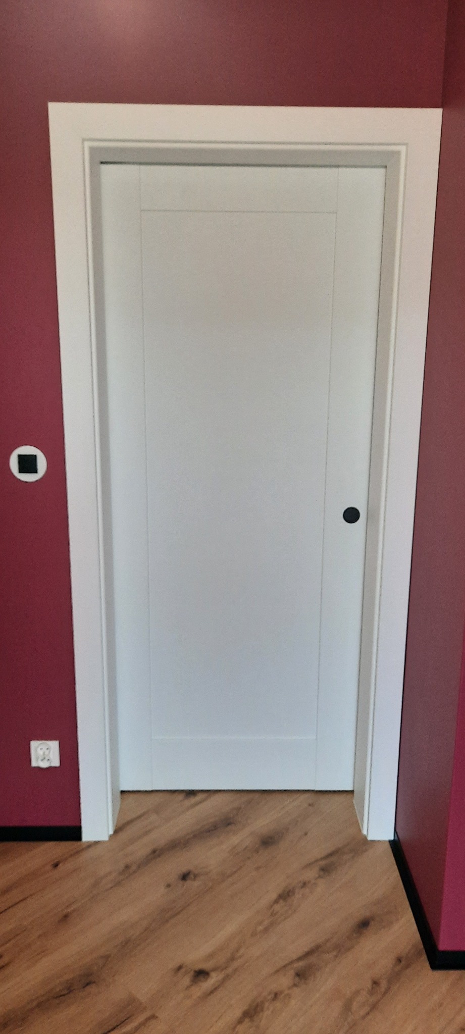 Zamknięte, białe drzwi z czarną klamką, osadzone w białej futrynie na tle bordowej ściany i drewnopodobnej podłogi. Minimalistyczny design.