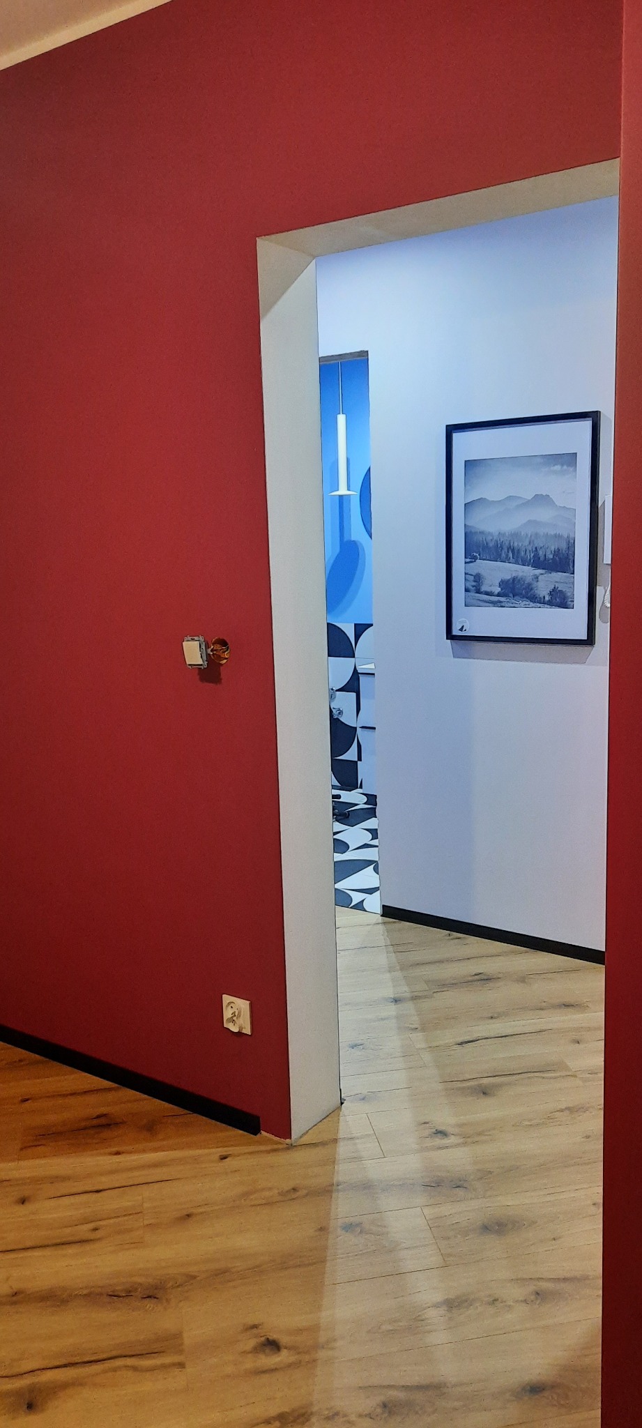 Czerwona ściana z gniazdkiem i przełącznikiem, widok na korytarz z drewnianą podłogą, białą ścianą z obrazem i wzorzystą tapetą w głębi. Nowoczesne wykończenie wnętrza.