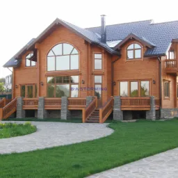 Duży, dwukondygnacyjny dom z bali z ciemną dachówką, widoczne duże okna, kamienne podmurówki i drewniane balkony, otoczony zielonym trawnikiem i ścieżką z kamiennych płyt.