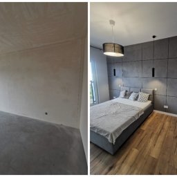 Pros Bud - Porównanie pokoju przed i po: surowy stan ze ścianami przygotowanymi do malowania kontra wykończona sypialnia z drewnianą podłogą, szarą ścianą z panelami i łóżkiem.