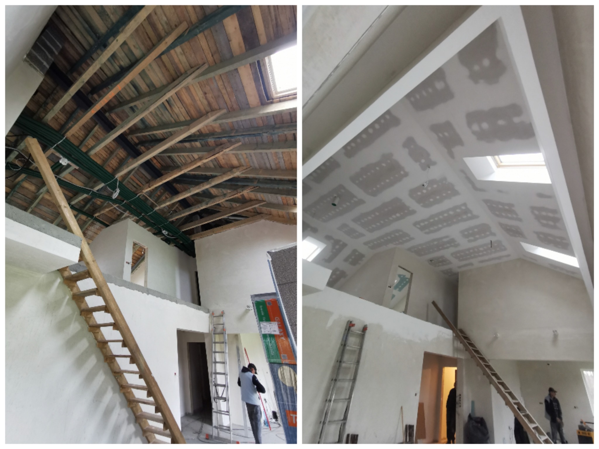 Dwu-obrazowe zestawienie wnętrza w trakcie remontu: po lewej surowy drewniany strop z instalacjami, po prawej sufit z płyt gipsowo-kartonowych przed ostatecznym wykończeniem, widoczne drabiny...