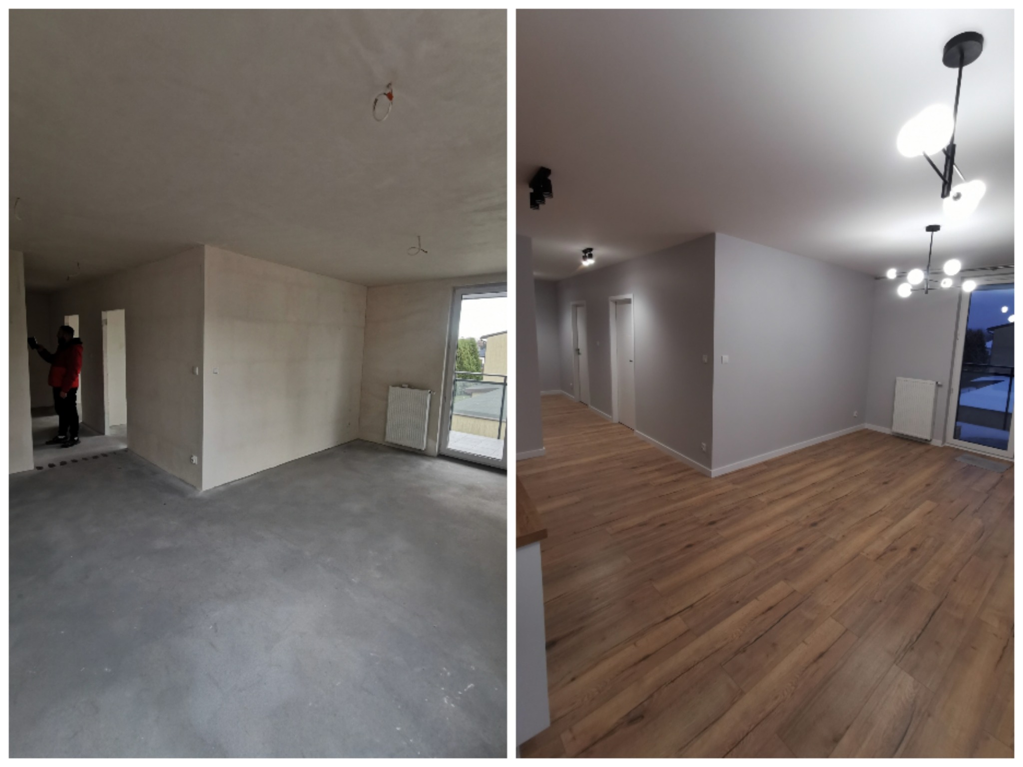 Porównanie stanu surowego i wykończonego wnętrza mieszkania: po lewej szara wylewka i surowe ściany, po prawej panele podłogowe, pomalowane ściany i nowoczesne oświetlenie.