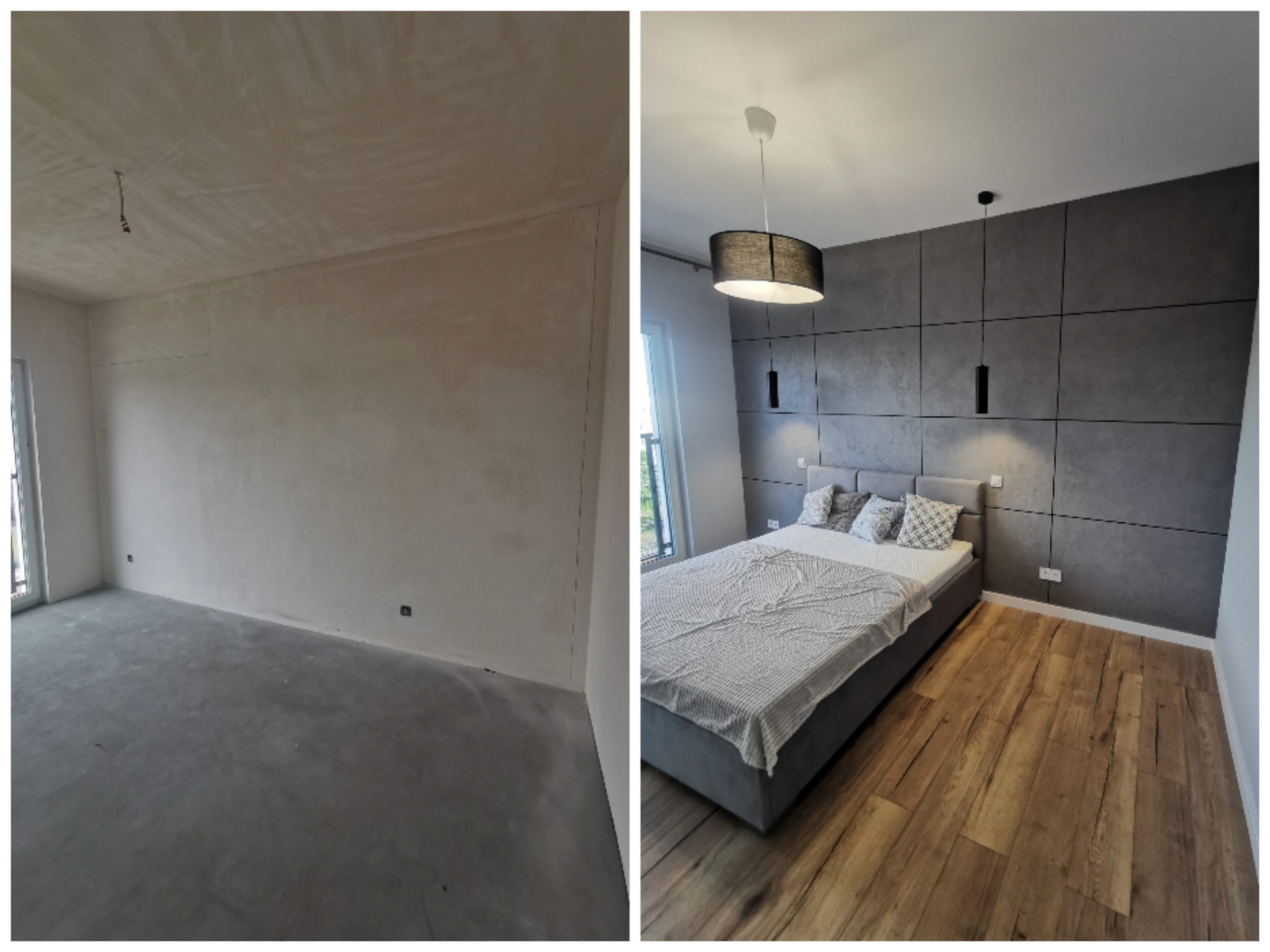 Porównanie pokoju przed i po: surowy stan ze ścianami przygotowanymi do malowania kontra wykończona sypialnia z drewnianą podłogą, szarą ścianą z panelami i łóżkiem.