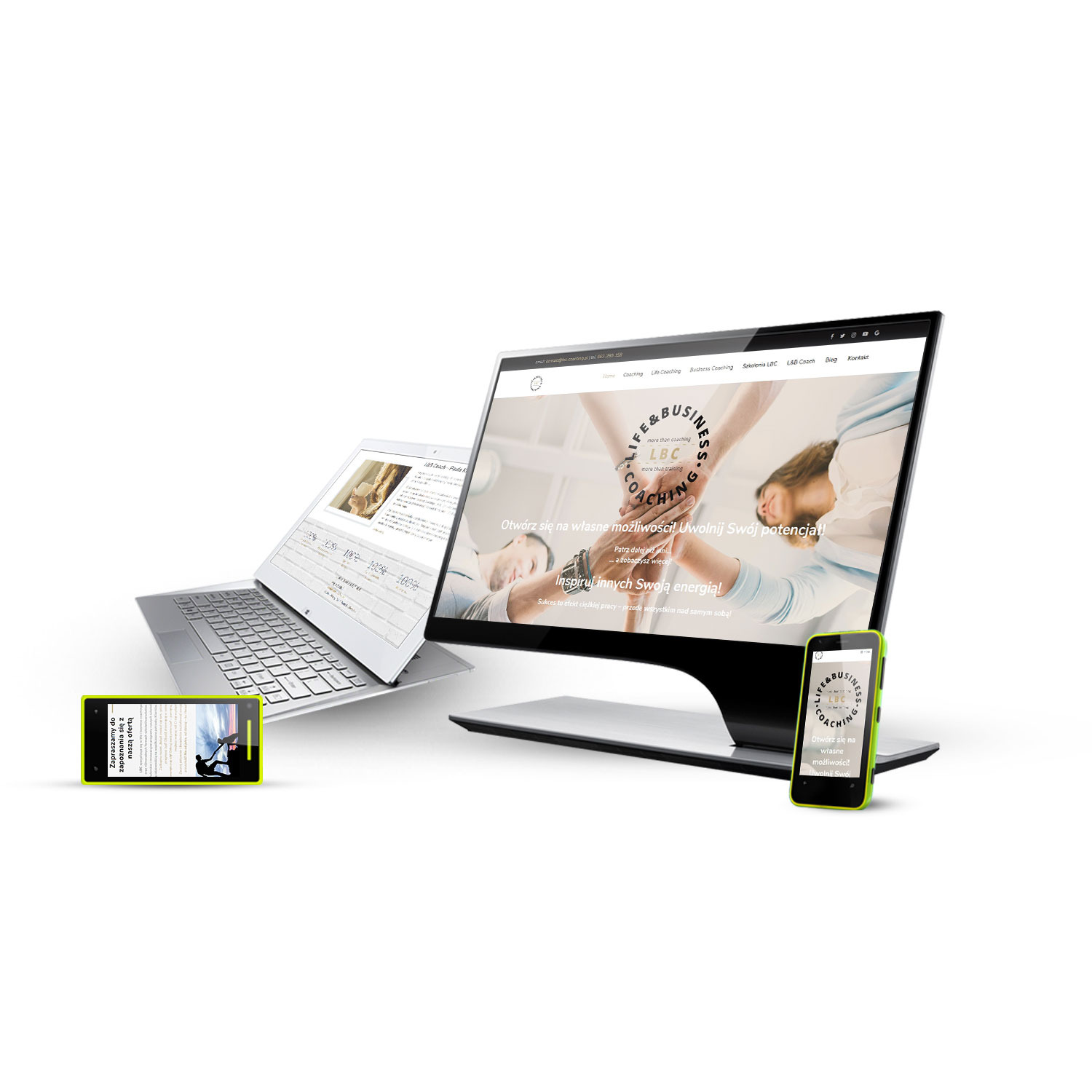 Responsywna prezentacja strony internetowej lbc-coaching.pl na monitorze, laptopie i dwóch smartfonach z zielonymi obudowami na białym tle. Widoczny fragment menu strony i logo LBC Coaching.