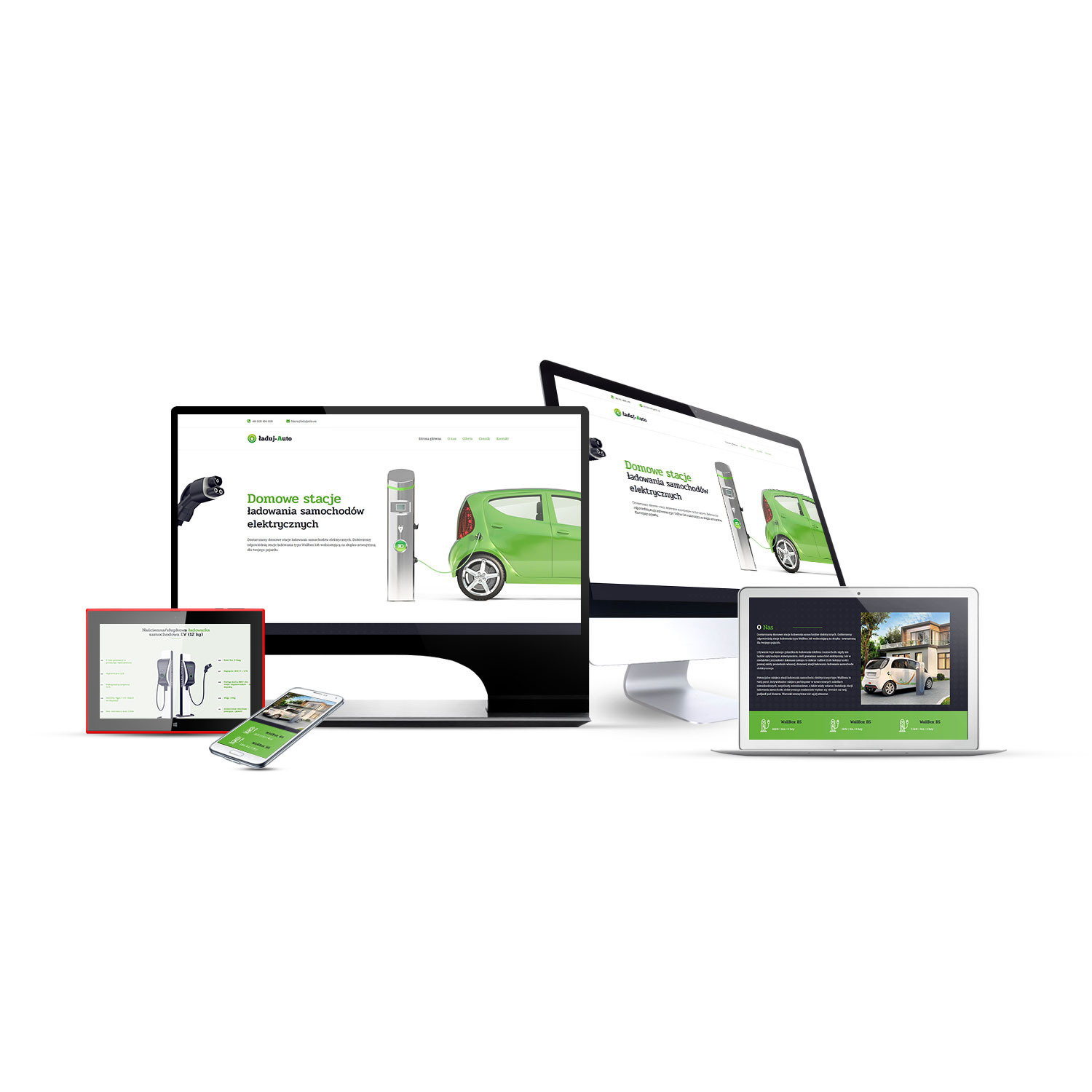 Prezentacja responsywnej strony internetowej na różnych urządzeniach (monitor, laptop, tablet, smartfon) z motywem domowych stacji ładowania samochodów elektrycznych i adresem ladujauto.eu