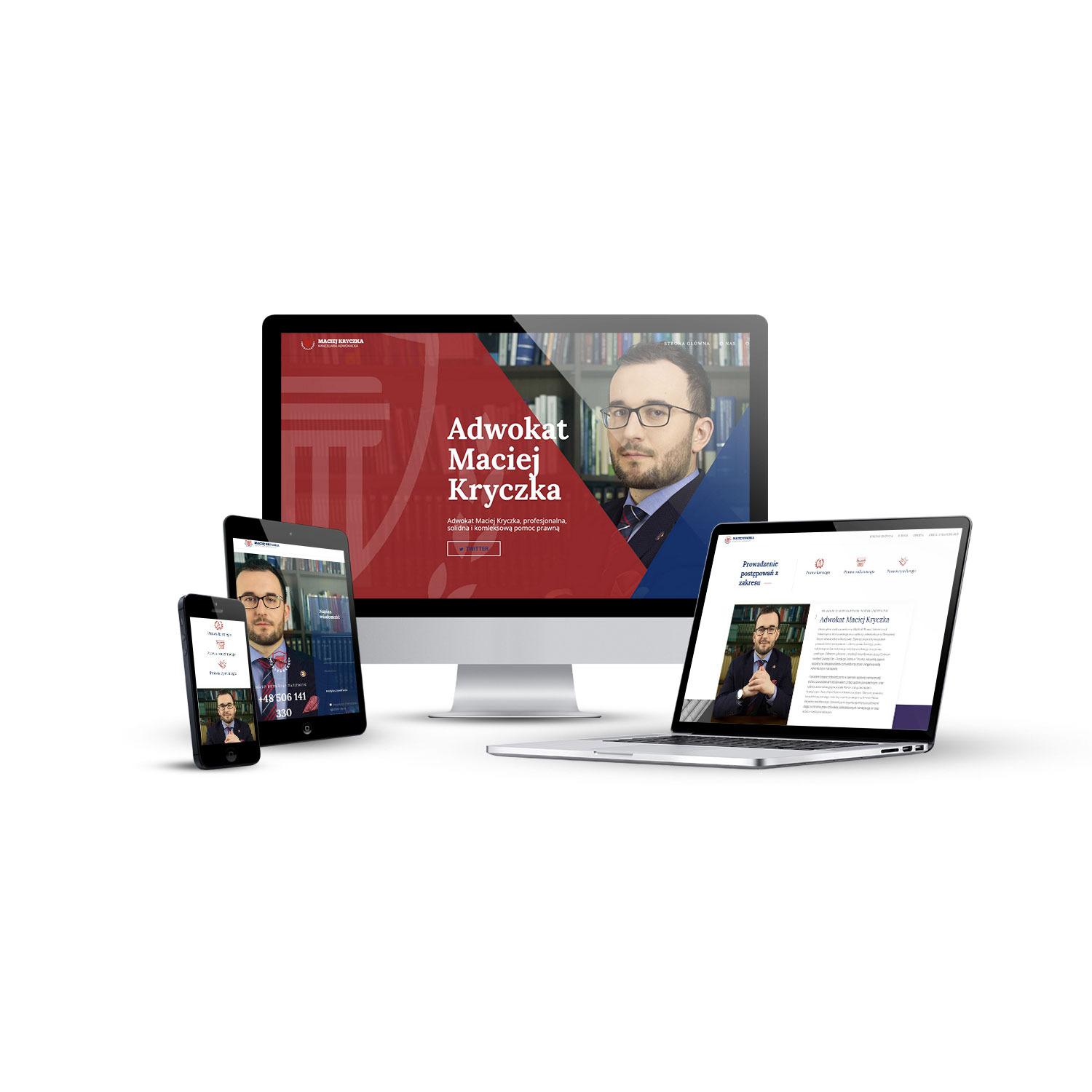 Responsywny układ strony internetowej adwokata Macieja Kryczki prezentowany na monitorze, tablecie i smartfonie, z widocznym logo i zdjęciem prawnika w okularach.
