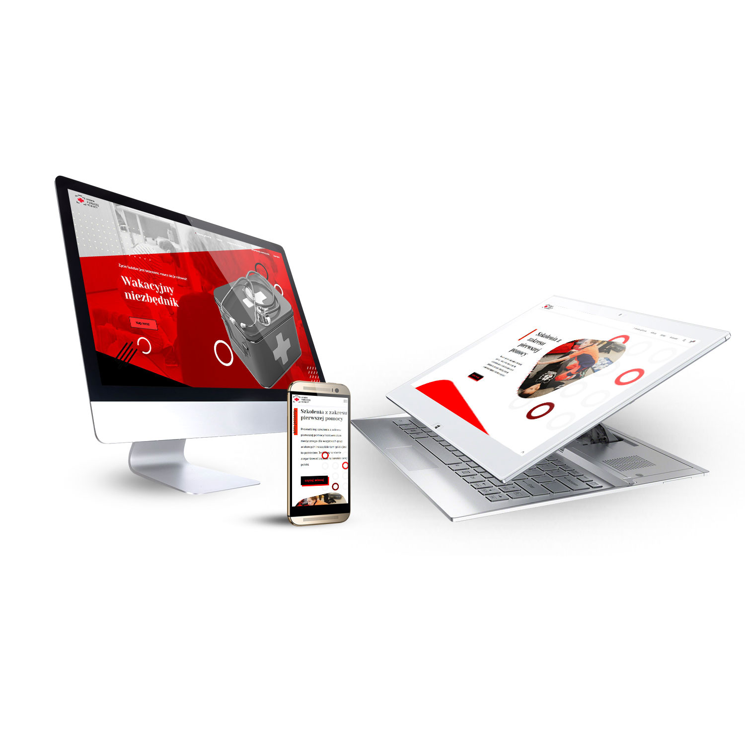 Responsywna prezentacja strony internetowej o tematyce pierwszej pomocy na monitorze, laptopie i smartfonie, z elementami graficznymi w kolorze czerwonym i białym.