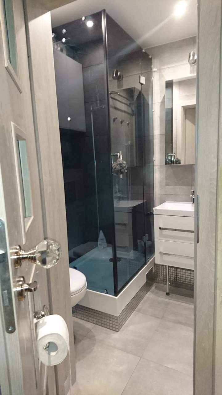 Nowoczesna łazienka z szarą kabiną prysznicową typu walk-in, białą umywalką z szafką i toaletą, widoczna przez otwarte drzwi z kryształową gałką i uchwytem na papier toaletowy.