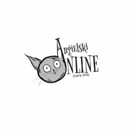 Czarno-białe logo z rysunkowym kotem i napisem 'Angielski ONLINE' z nazwiskiem 'Weronika Stolorz' pod spodem.