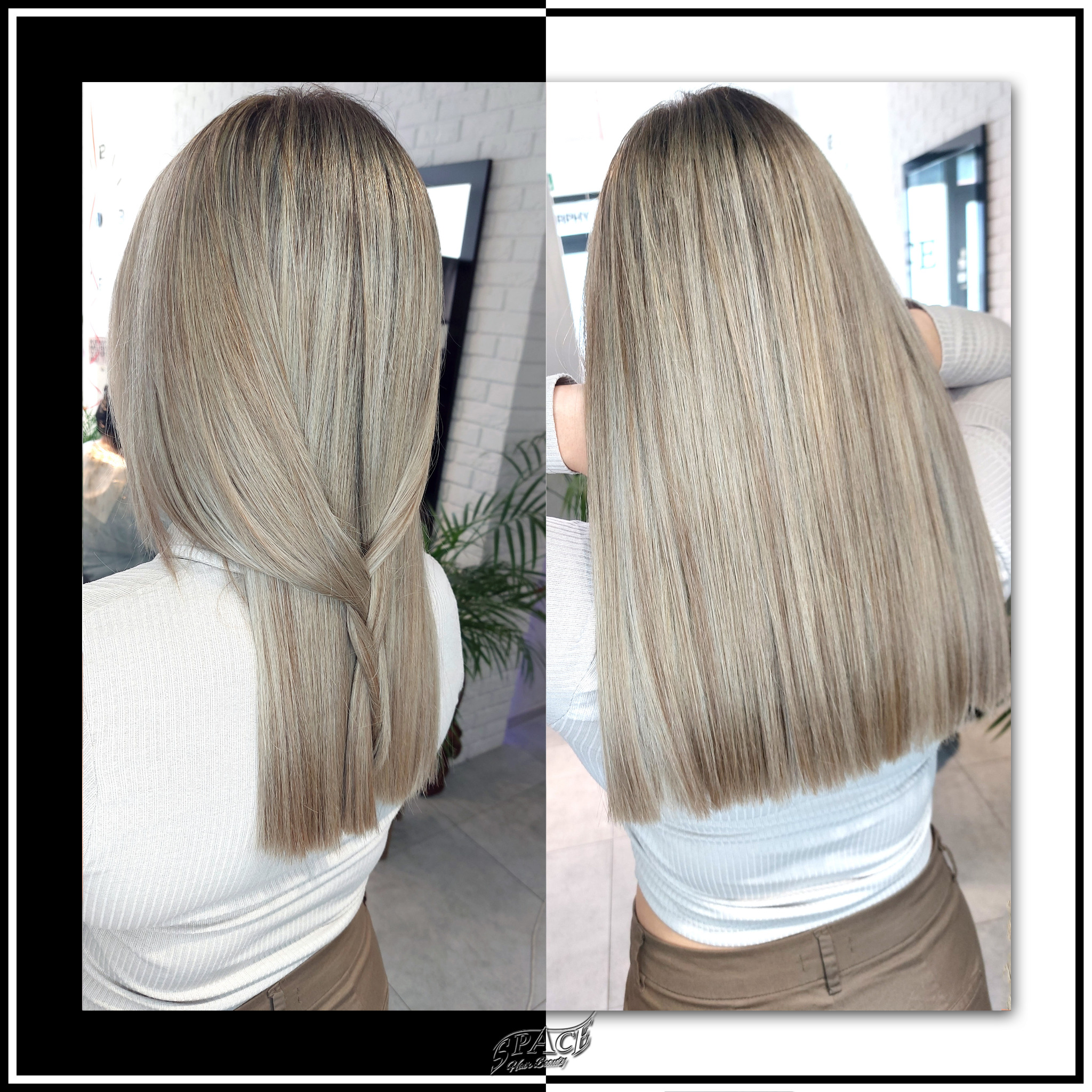 Dwa ujęcia koloryzacji włosów w odcieniach blondu: z tyłu z delikatnym warkoczem oraz proste, gładkie włosy opadające na ramiona, prezentacja efektu po zabiegu.