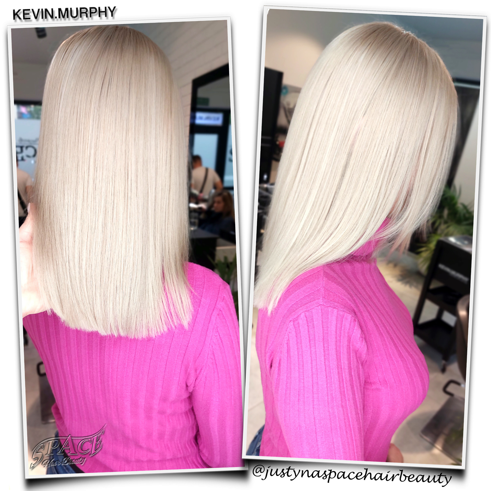 Dwa ujęcia świeżo koloryzowanych, platynowych, prostych włosów do ramion, nałożone na siebie w formie polaroidów. Klientka ma na sobie różowy golf. W tle widoczne elementy salonu fryzjerskiego.