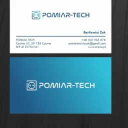 Wizytówka firmy PomiAR-TECH z logo przedstawiającym gniazdko elektryczne, zawierająca dane kontaktowe: imię i nazwisko, numer telefonu, adres e-mail, adres siedziby i NIP.