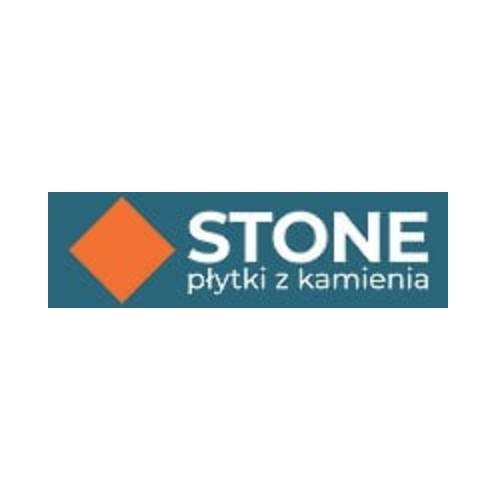 Logo firmy STONE, producenta płytek z kamienia, z pomarańczowym rombem po lewej stronie nazwy.